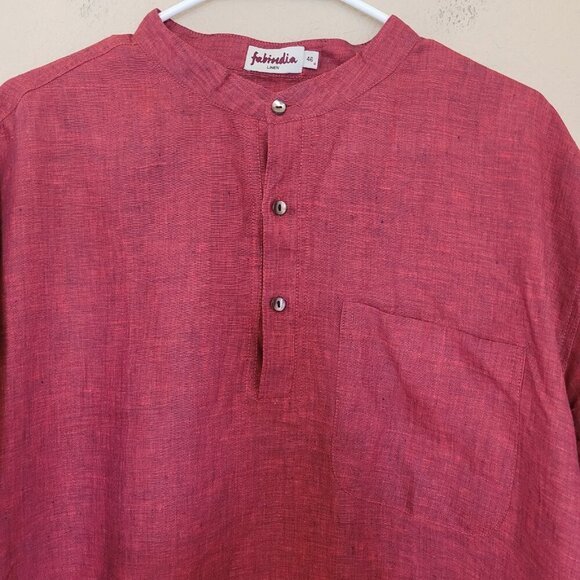 FABINDIA Shirt Mens Size 46 Red Henley Lightweight 100% Linen Short Sleeve Beach - Picture 4 of 6